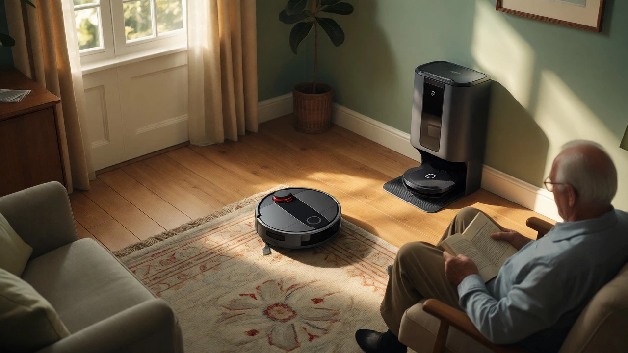 Robot vacuum cleaning around furniture while an elderly man relaxes in his armchair.