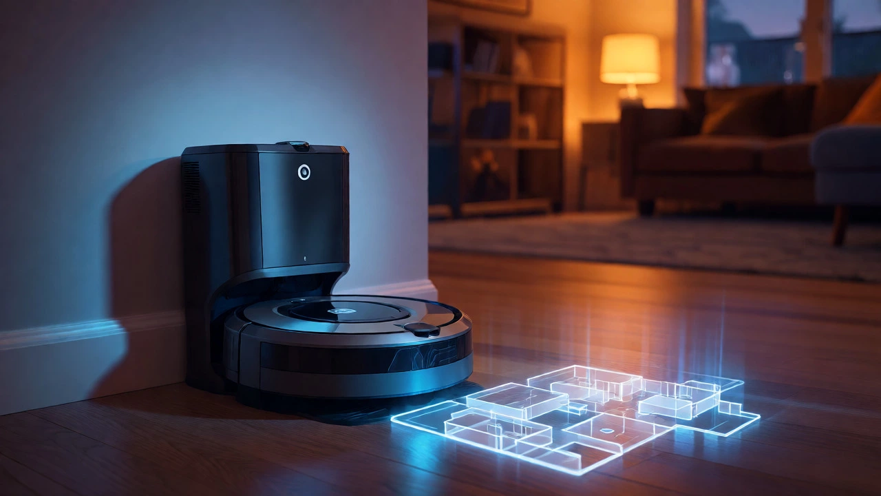 Roomba docked at night with a glowing holographic house map projecting from the base.