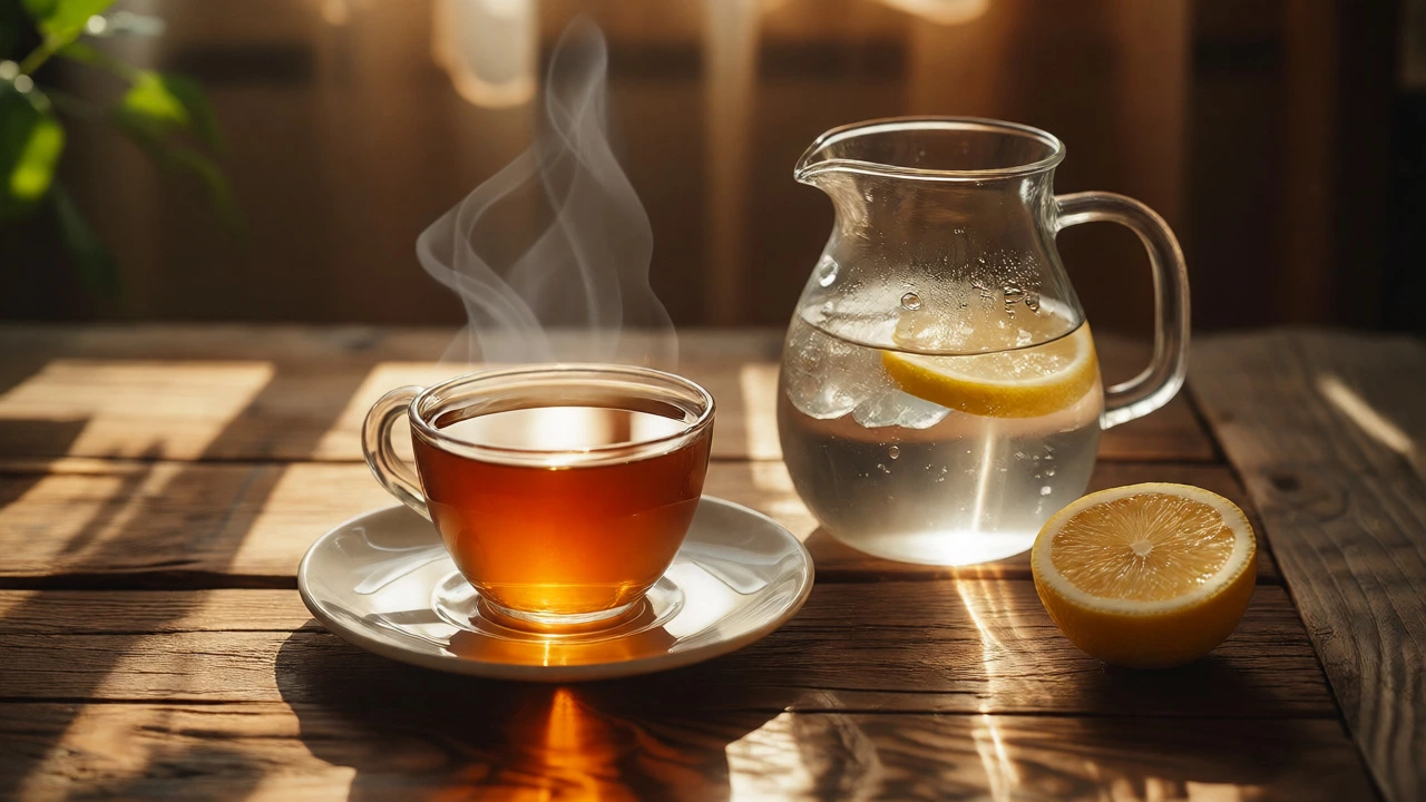 Steaming tea beside fresh cold water pitcher