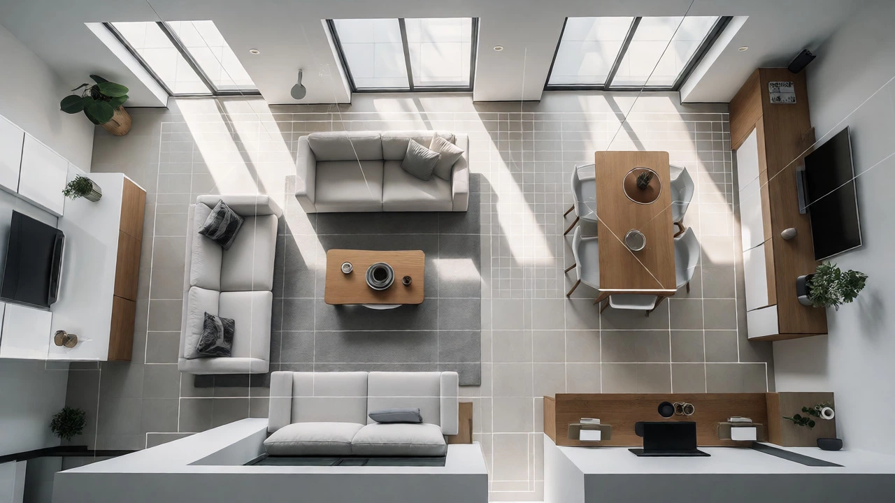 Top-down view of an open-plan apartment with subtle digital mapping overlays indicating room zones.