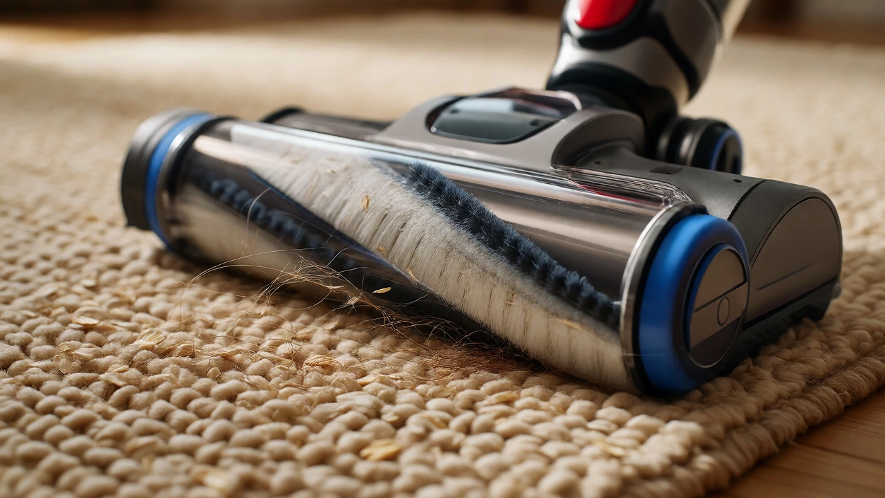 Close-up of Shark dual-brush head cleaning hair and oats from a rug
