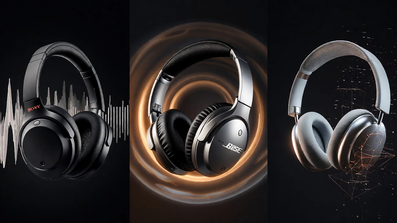 Comparison of Sony, Bose, and Apple headphones with sound wave visuals