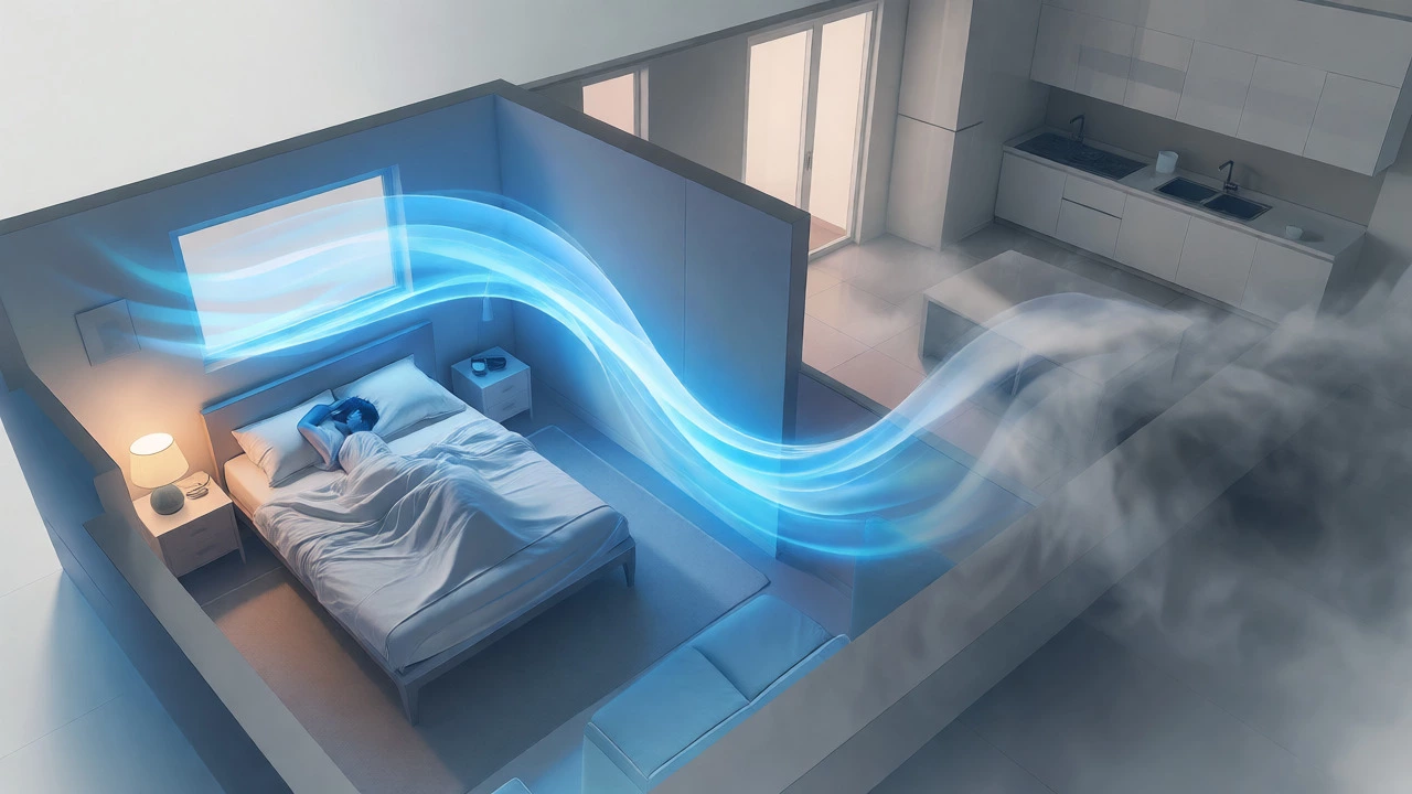 Conceptual diagram showing clean air circulation in a bedroom versus stagnant kitchen air