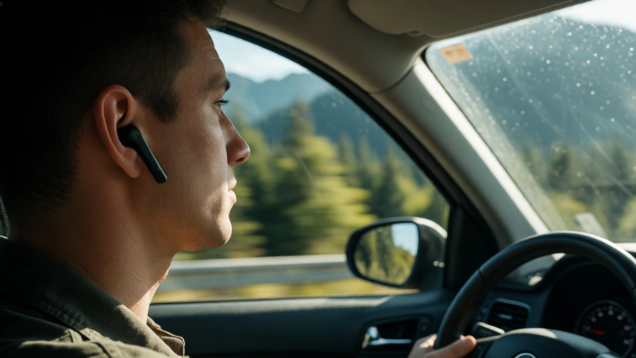 Driver using single earbud with other ear open for safety