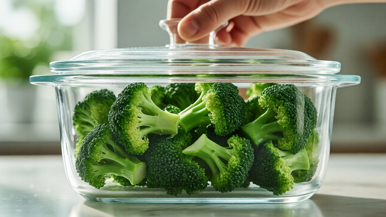Fresh broccoli florets in a glass dish being prepared for microwaving