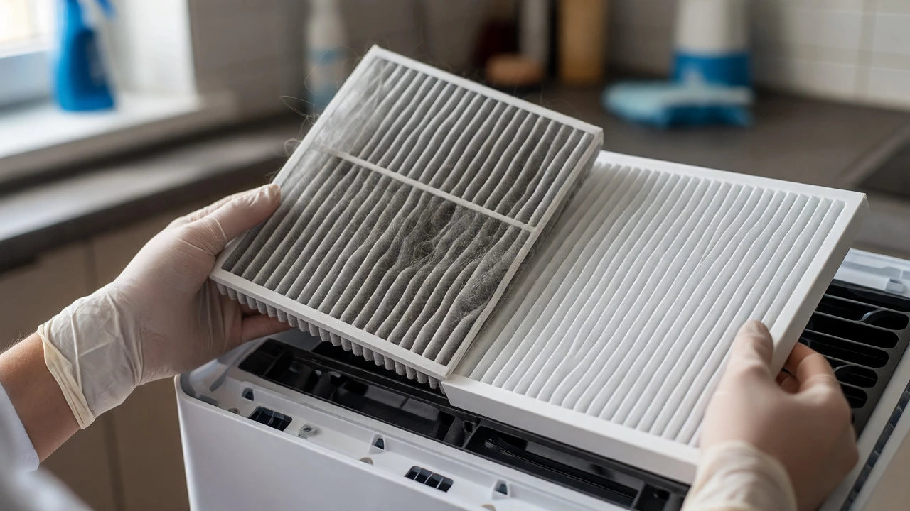 Hands holding a dirty HEPA filter next to a new clean one during maintenance
