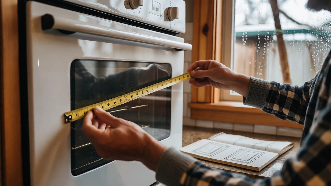 Hands measuring a built-in oven in a rainy Vancouver kitchen for precise fitting.