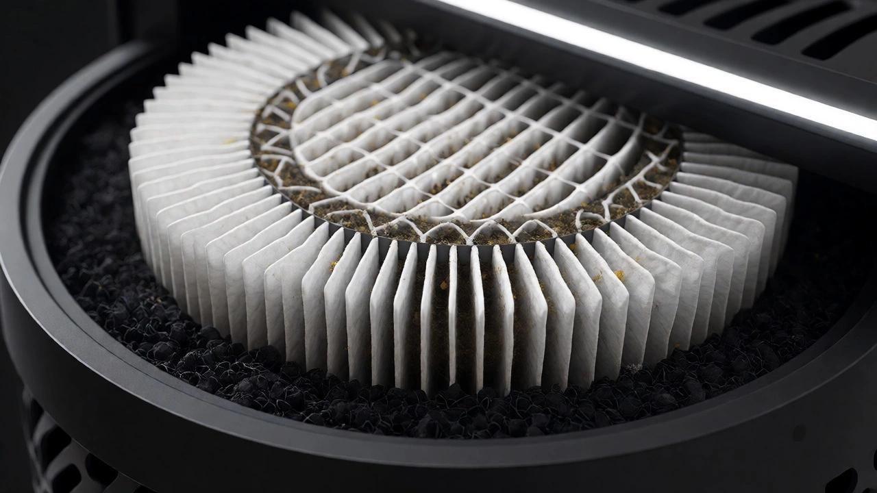 Macro close-up of HEPA filter trapping dust and pollen particles