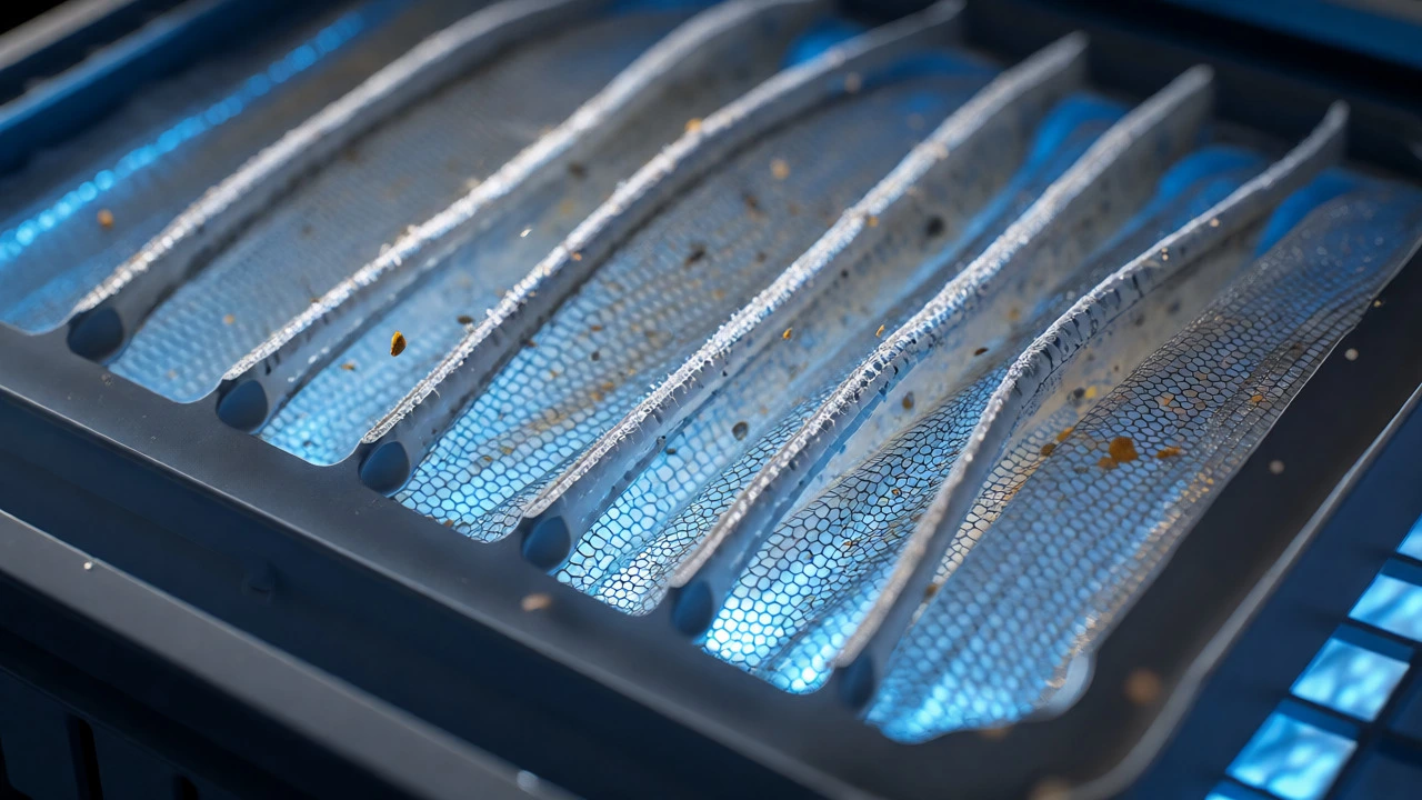 Macro close-up of HEPA filter trapping microscopic dust and smoke particles