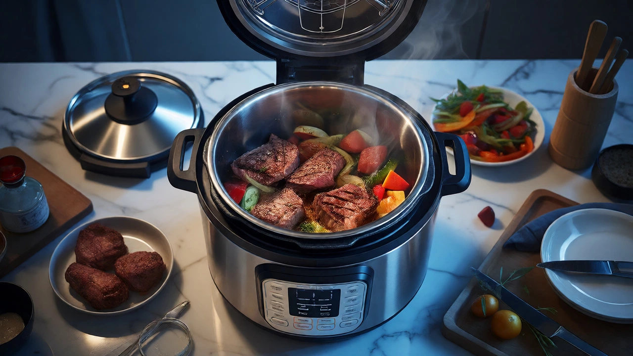 Multi-cooker with open lid searing steak and vegetables on a modern countertop
