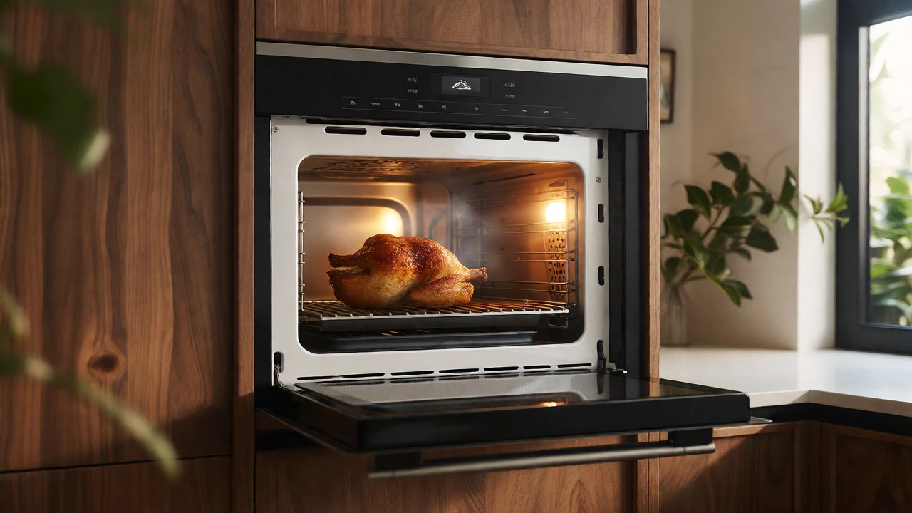 Open built-in convection microwave displaying a roasted chicken inside a modern kitchen cabinet.
