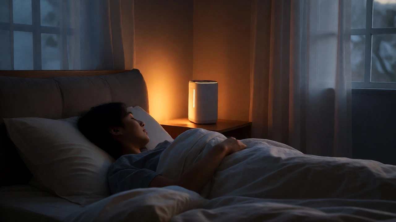 Person sleeping peacefully next to a glowing air purifier at night