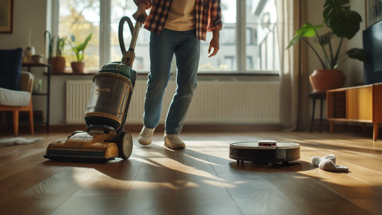 Person struggling with a heavy vintage vacuum while a robot cleans nearby.