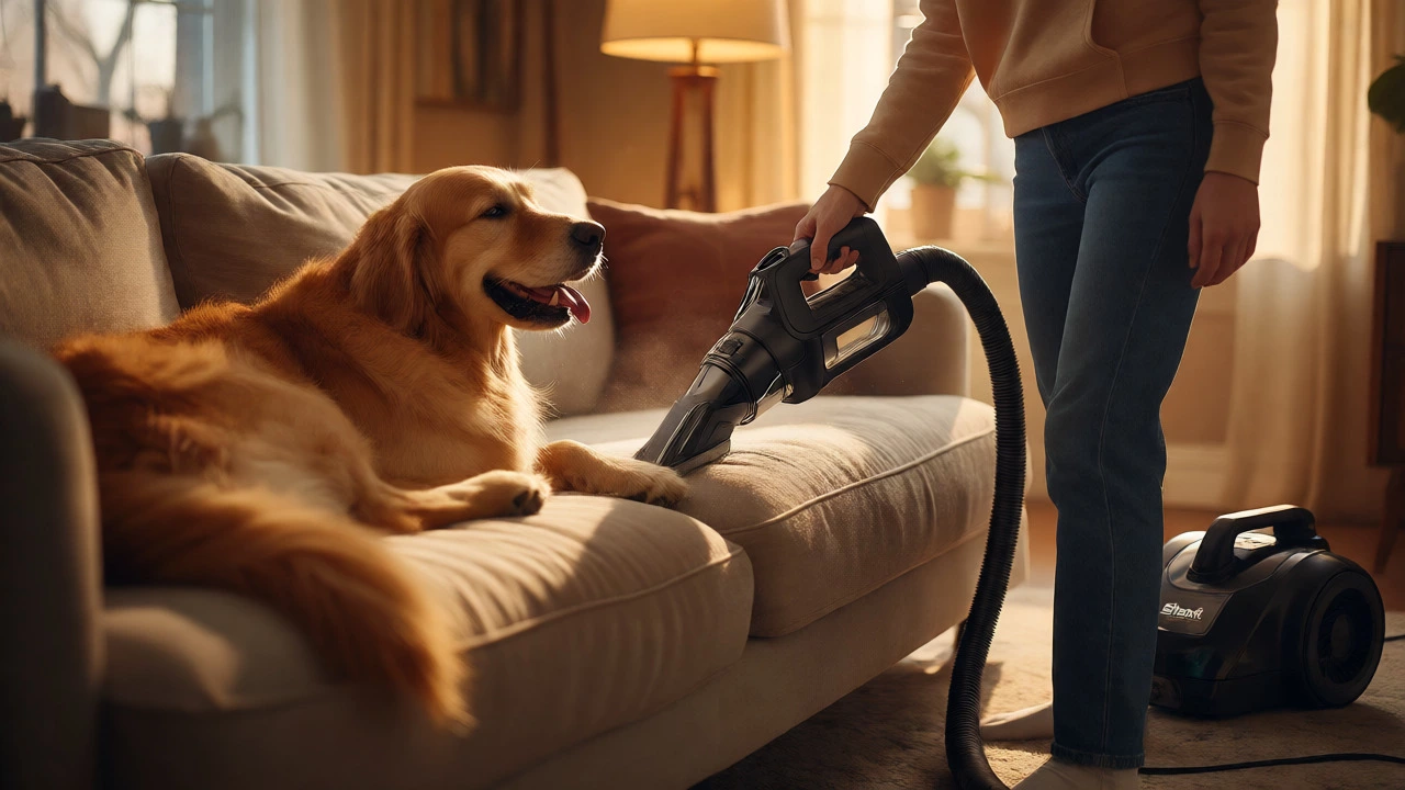 Person using Shark upholstery tool on sofa next to a Golden Retriever