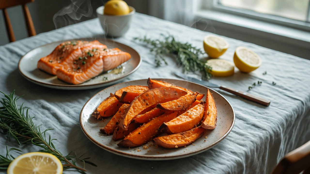 Plated air fried sweet potatoes and oven roasted salmon on a dining table