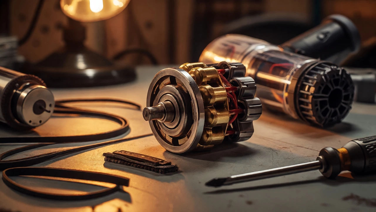 Restored vintage vacuum motor parts next to a complex modern disposable battery unit.