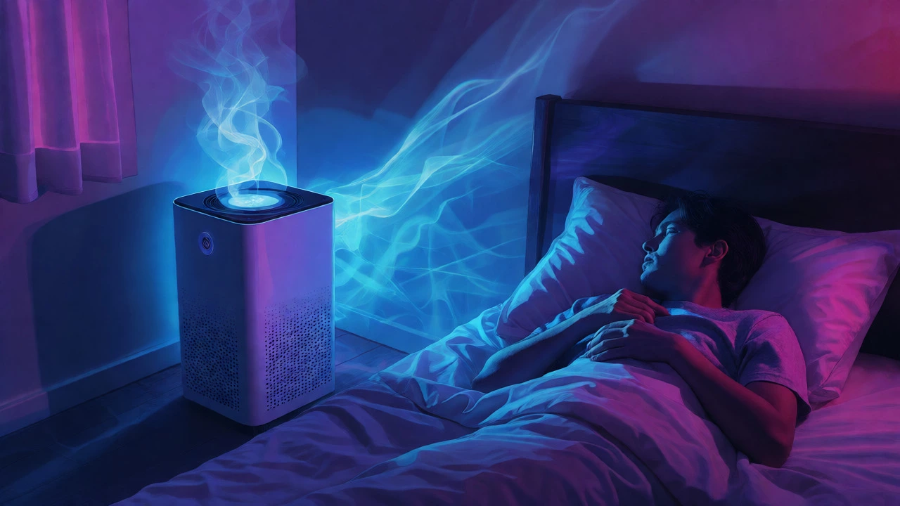 Sleeping person in a blue-lit bedroom with an air purifier emitting ozone-like vapor