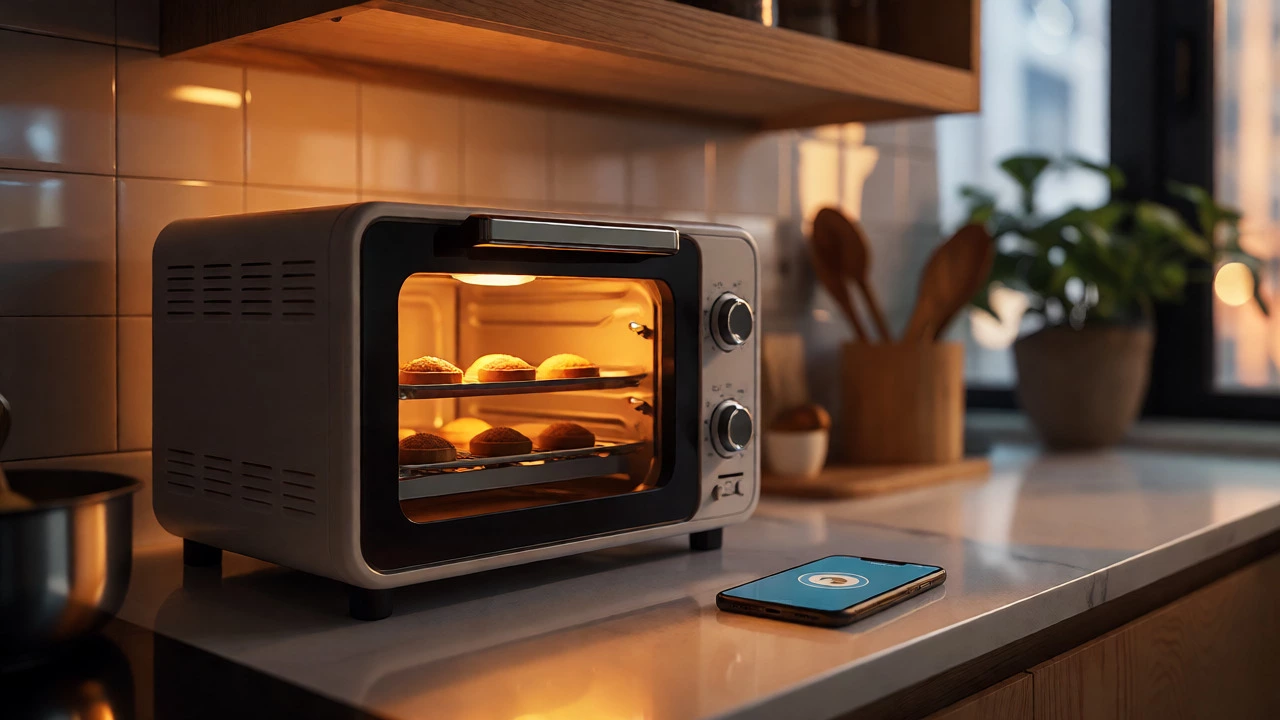 Smart toaster oven baking cookies in a cozy, dimly lit urban condo kitchen
