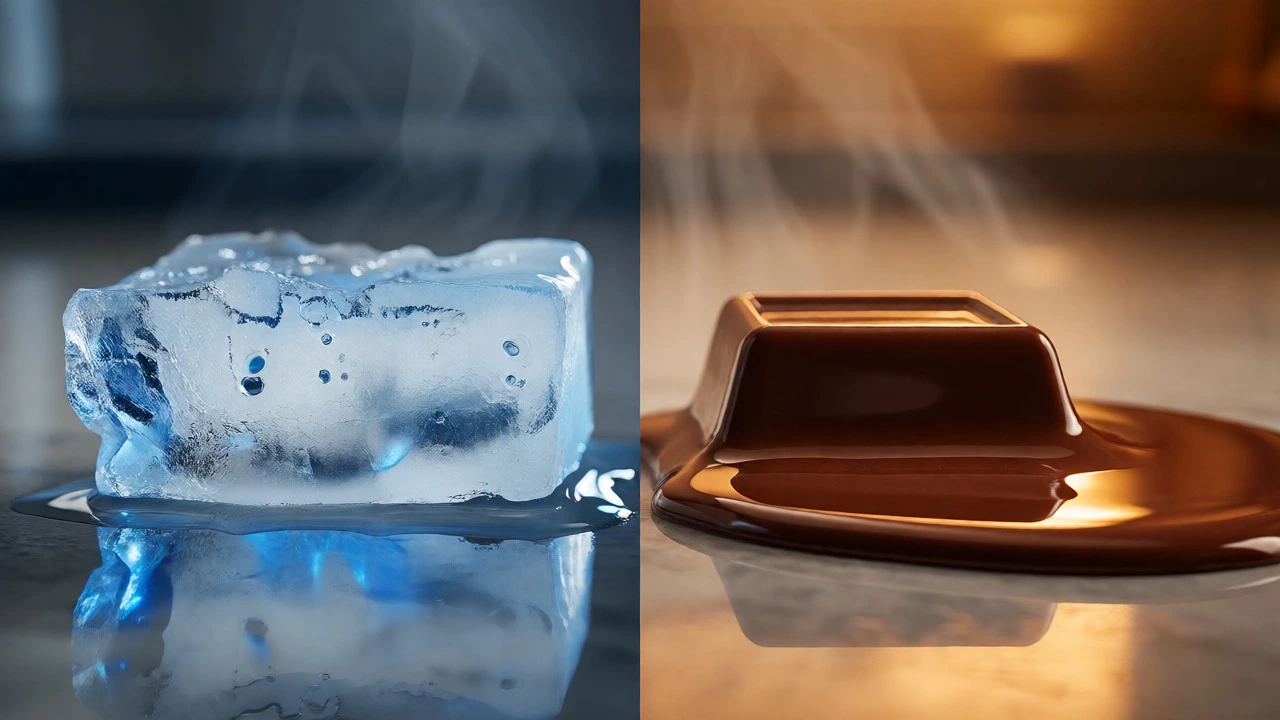 Split view showing uneven ice melting versus smooth chocolate melting to illustrate inverter technology.