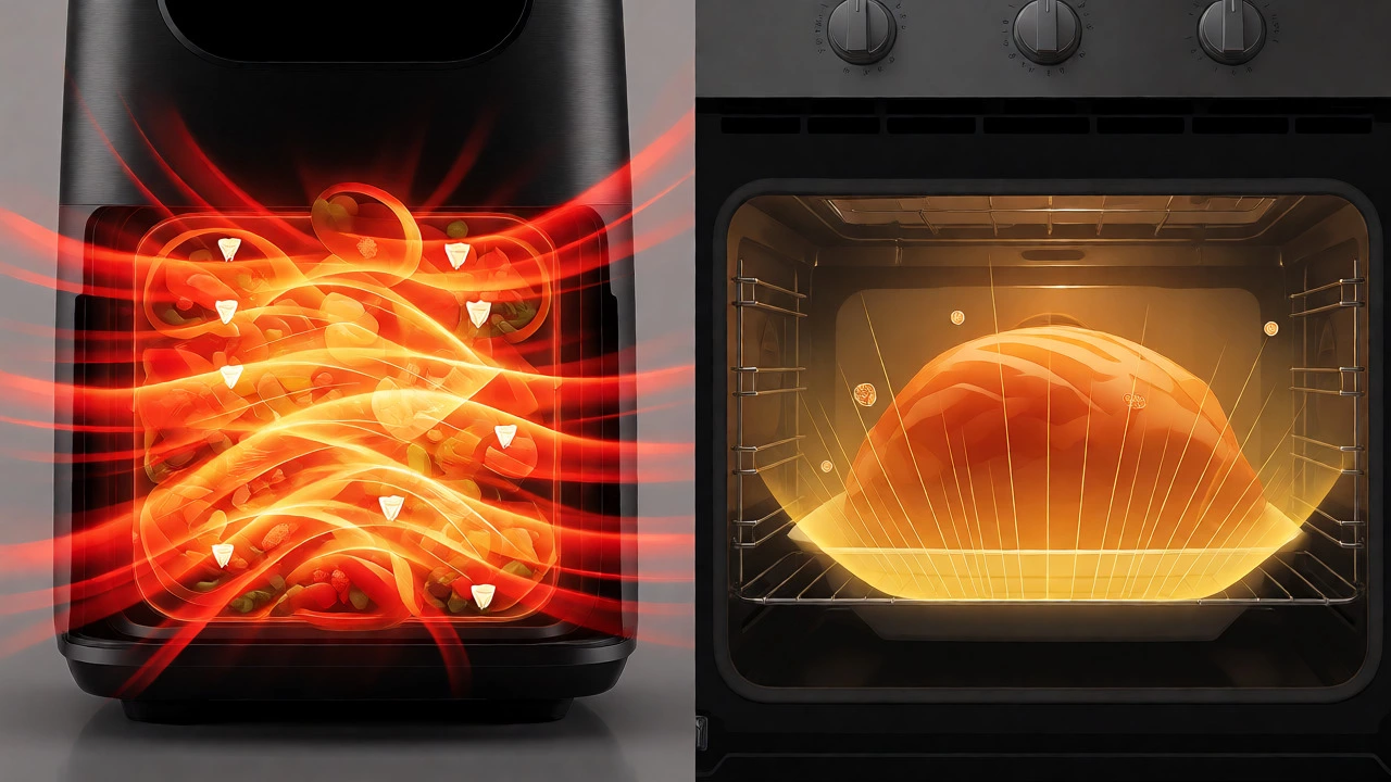 Visual comparison of air fryer rapid heat vs oven radiant heat mechanics