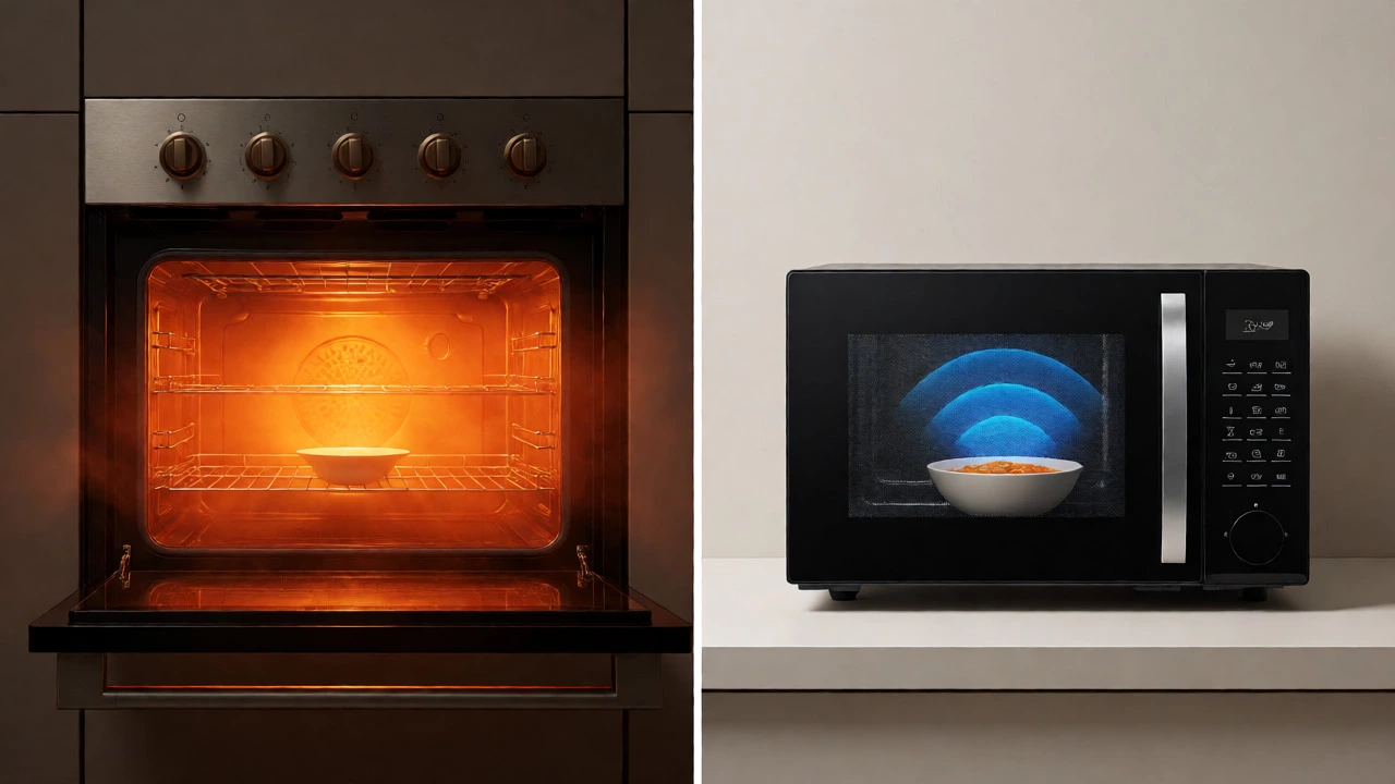 Visual comparison of energy waste in a conventional oven versus a microwave